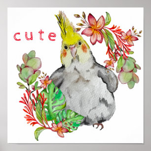 Watercolor drawing of a funny parrot in flowers poster