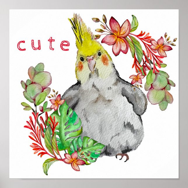 Watercolor drawing of a funny parrot in flowers poster (Front)