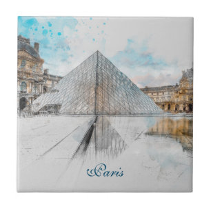 Watercolor drawing of the Louvre Paris, France  Tile