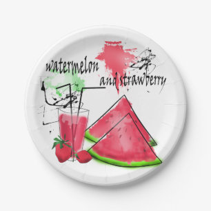 Watercolor drawing of watermelon and strawberries paper plate