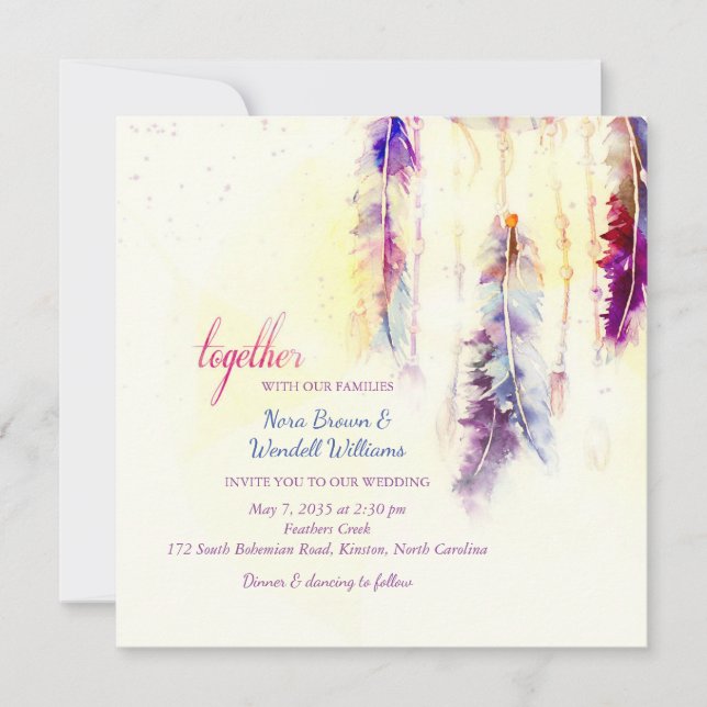 Watercolor Dreamcatcher Feathers Wedding Invitation (Front)