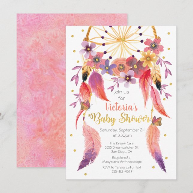 Watercolor Dreamcatcher Gold foil Baby Shower Invitation (Front/Back)