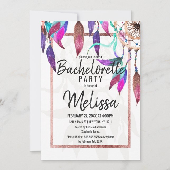 Watercolor Dreamcatcher Rose Gold Bachelorette Invitation (Front)