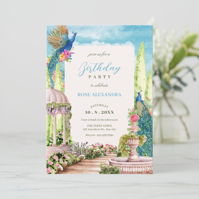 Watercolor dreamy floral garden bird birthday invitation (Standing Front)