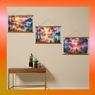Watercolor Dreamy Misty Forest at Sunrise   Hanging Tapestry