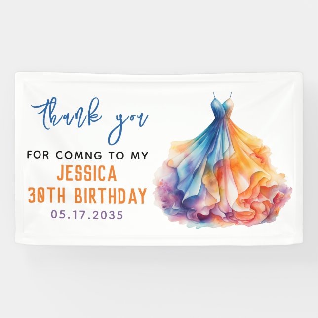 Watercolor Dress 30th Birthday Elegant & Feminine Banner (Horizontal)