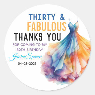 Watercolor Dress 30th Birthday Elegant & Feminine Classic Round Sticker