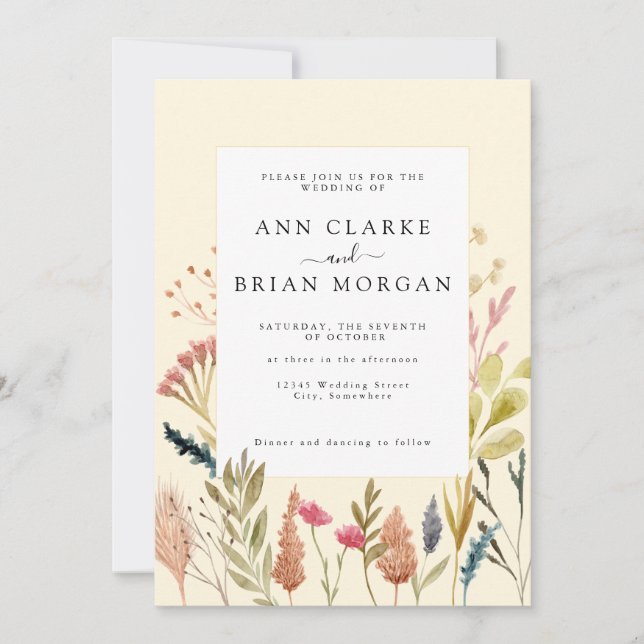 Watercolor dried boho grass & wild floral wedding  invitation (Front)