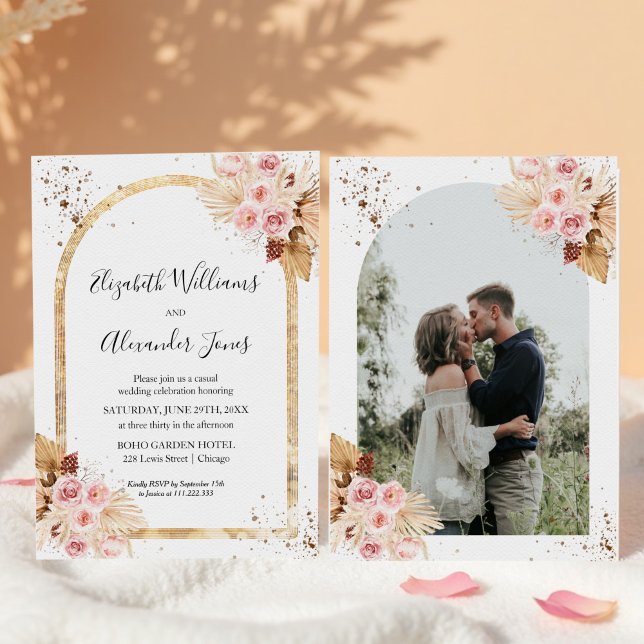Watercolor Dried Floral Glitter Photo Wedding Invitation (Creator Uploaded)
