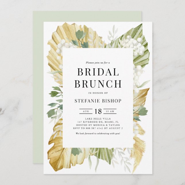 Watercolor Dried Palm Leaves Summer Bridal Brunch Invitation (Front/Back)