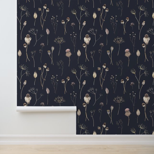 Watercolor Dried Plants Buds Wildflowers Dark Wallpaper (Application)