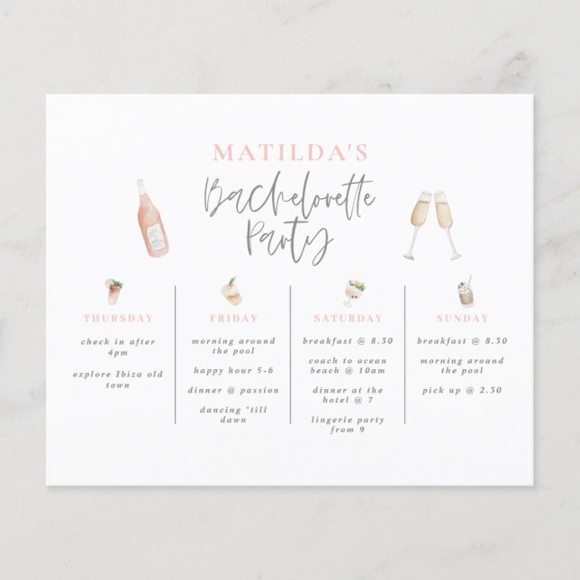 watercolor drink pink girly bachelorette itinerary (Front)