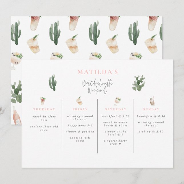 Watercolor drinks bachelorette weekend itinerary (Front/Back)