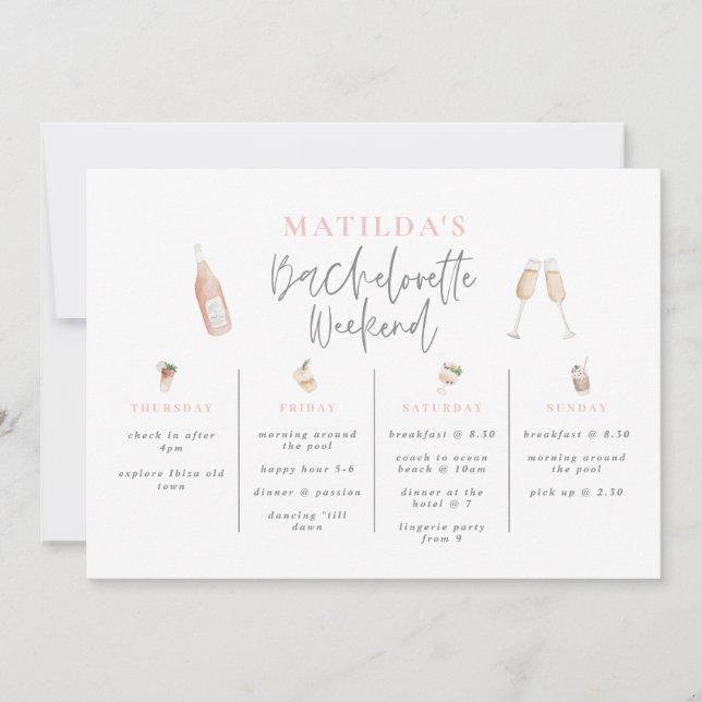 Watercolor drinks bachelorette weekend itinerary invitation (Front)