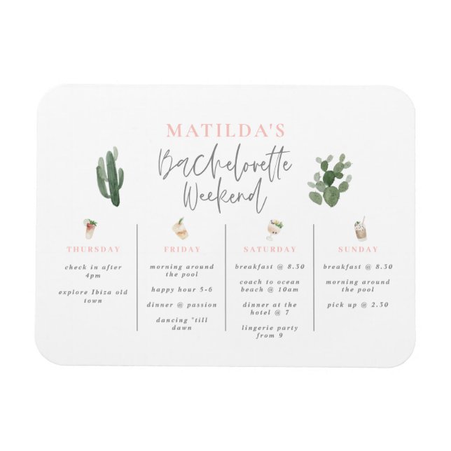Watercolor drinks bachelorette weekend itinerary magnet (Horizontal)