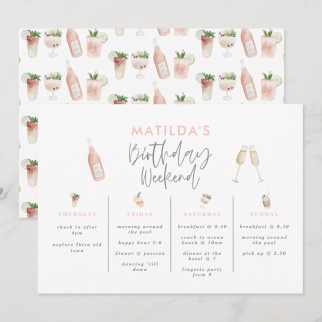 Watercolor drinks birthday weekend itinerary (Front/Back)