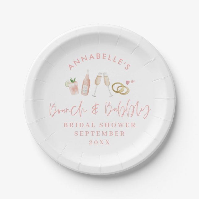 Watercolor drinks brunch and bubbly bachelorette   paper plate (Front)