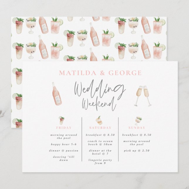 Watercolor drinks wedding weekend itinerary modern (Front/Back)