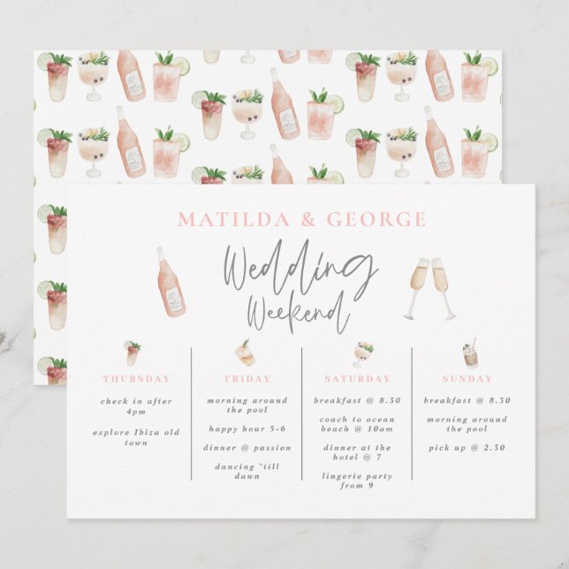 Watercolor drinks wedding weekend itinerary modern (Front/Back)