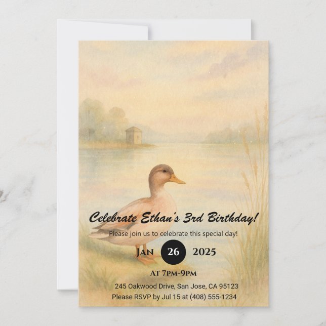 Watercolor Duck by the Lakeside at Sunset Birthday Invitation (Front)