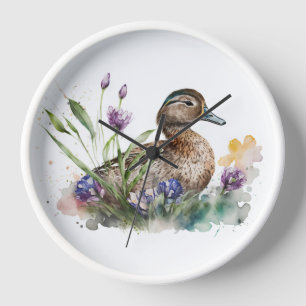 Watercolor Duck In Flowers Clock