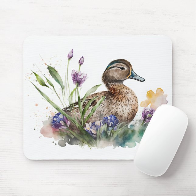 Watercolor Duck In Flowers Mouse Pad (With Mouse)