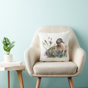 Watercolor Duck In Flowers Throw Pillow