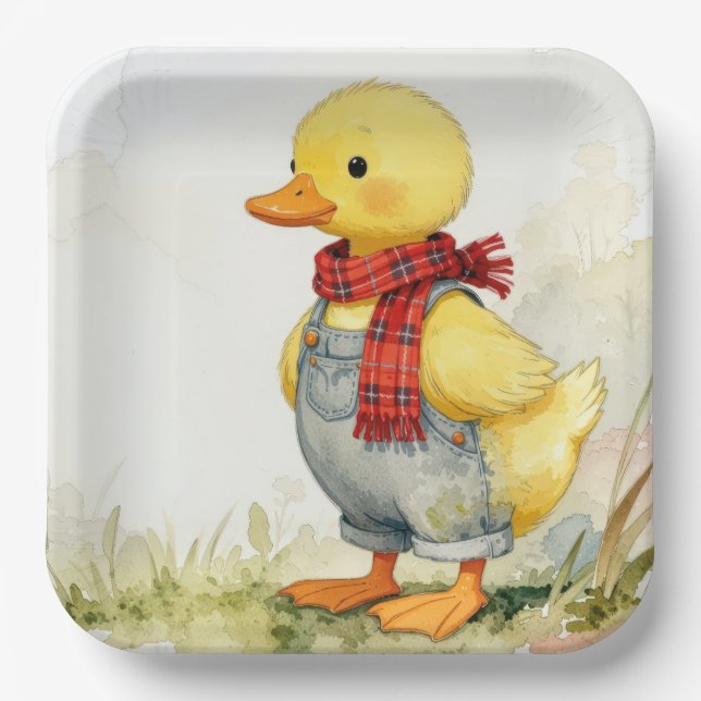Watercolor Duck In Overalls and Scarf Paper Plate (Front)