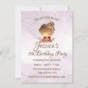 Watercolor Duck in Red Rubber Boots Birthday Invitation