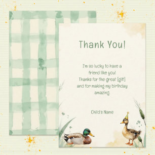 Watercolor Duck with Teal & Yellow Birthday Party  Thank You Card