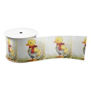 Watercolor Duckling Wearing Denim Overalls Satin Ribbon