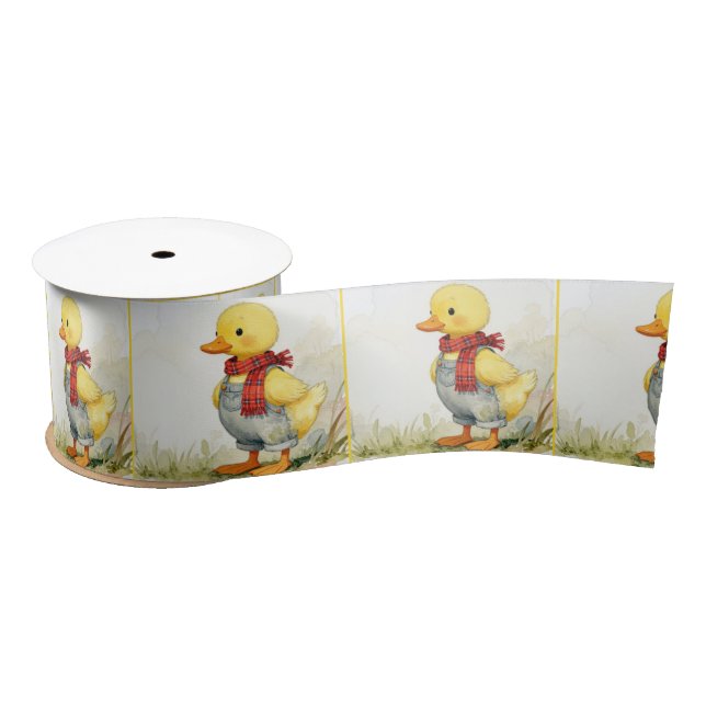 Watercolor Duckling Wearing Denim Overalls Satin Ribbon (Spool)