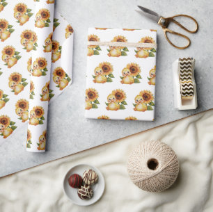 Watercolor Duckling With Sunflower Wrapping Paper