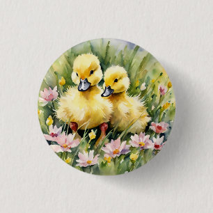 Watercolor Ducklings in Wildflower Meadow 1 Inch Round Button