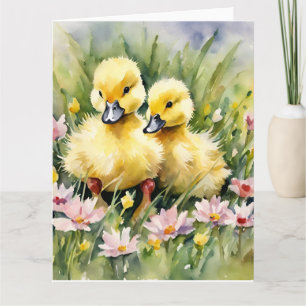 Watercolor Ducklings in Wildflower Meadow Card