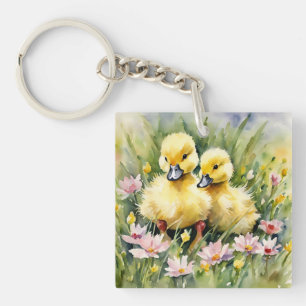 Watercolor Ducklings in Wildflower Meadow Keychain