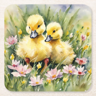 Watercolor Ducklings in Wildflower Meadow Square Paper Coaster