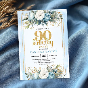 Watercolor Dusty Blue 90th Birthday Party Invite