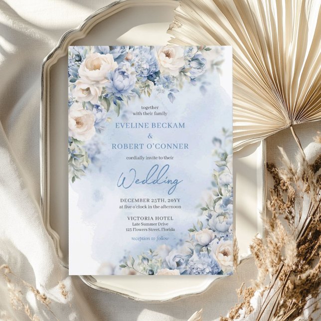 Watercolor dusty blue and white peonies wedding invitation (Watercolor dusty blue and white peonies wedding invitation)
