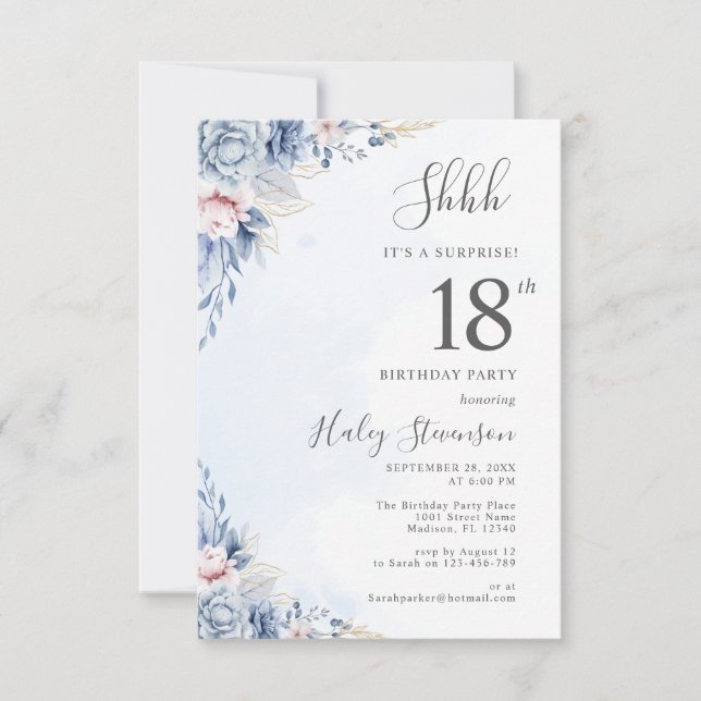 Watercolor Dusty Blue Boho Budget 18th Birthday Invitation (Front)