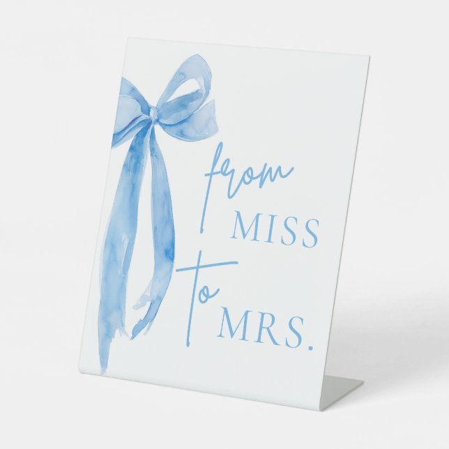 Watercolor Dusty Blue Bow From Miss to Mrs. Sign (Front)