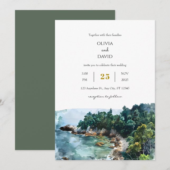 Watercolor Dusty Blue Coastal Woodsy Beach Wedding Invitation (Front/Back)