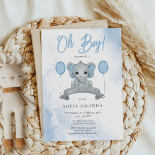 Watercolor Dusty Blue Cute Elephant Baby Shower Invitation