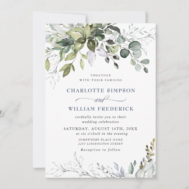 Watercolor Dusty Blue Eucalyptus Greenery Wedding Invitation (Front)