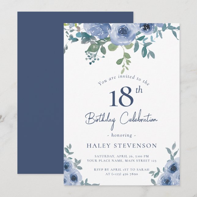 Watercolor Dusty Blue Floral 18th Chic Birthday Invitation (Front/Back)
