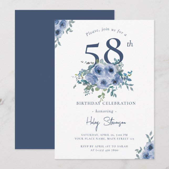 Watercolor Dusty Blue Floral 58th Chic Birthday Invitation (Front/Back)