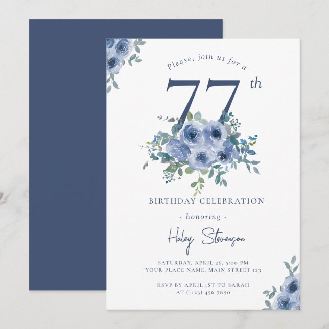 Watercolor Dusty Blue Floral 77th Chic Birthday Invitation (Front/Back)