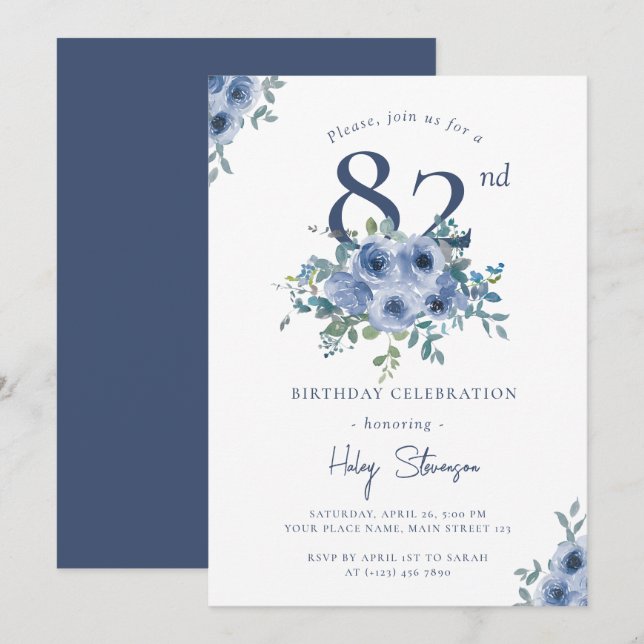 Watercolor Dusty Blue Floral 82nd Chic Birthday Invitation (Front/Back)