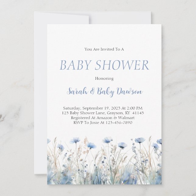 Watercolor Dusty Blue Floral Baby Shower Invitation (Front)