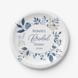 Watercolor Dusty Blue Floral Boho Bridal Shower Paper Plate